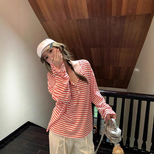 天丝罗纹 韩系穿搭慵懒风撞色条纹长袖防晒罩衫女夏长袖T恤上衣