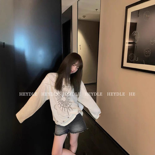 雪花棉 韩系慵懒宽松印花长袖t恤薄款防晒罩衫初秋上衣女