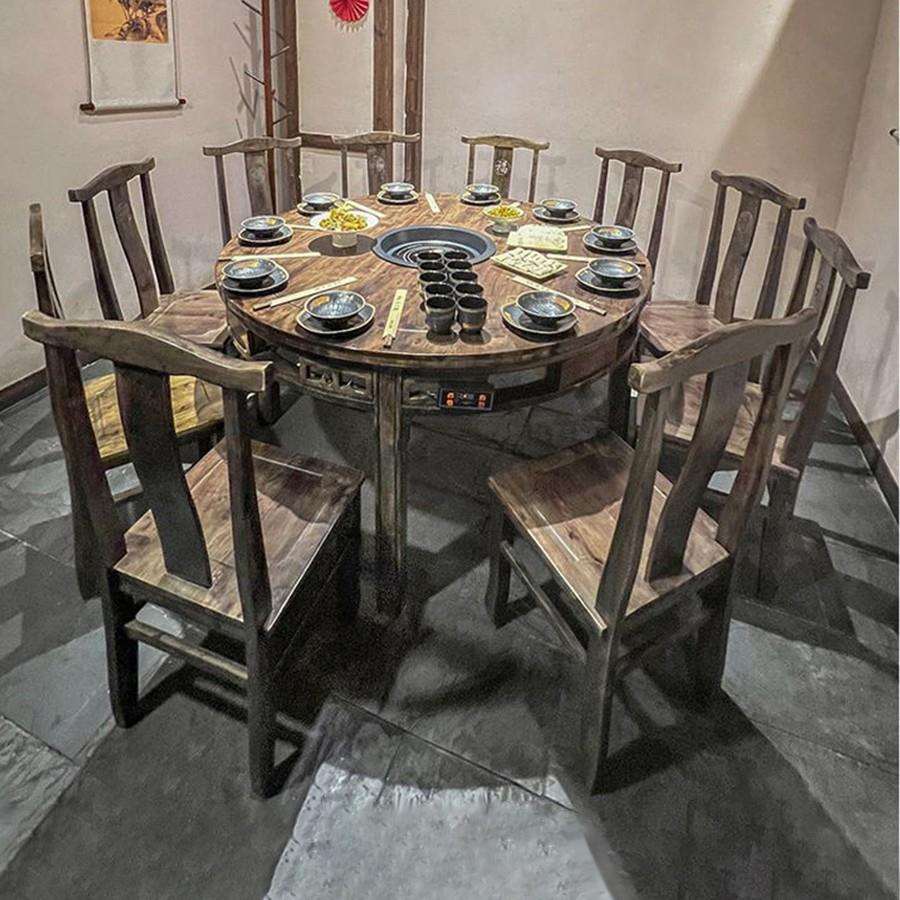 麻辣烫地摊小火锅桌子电磁炉一体商用围炉串串实木岩板专用餐桌椅