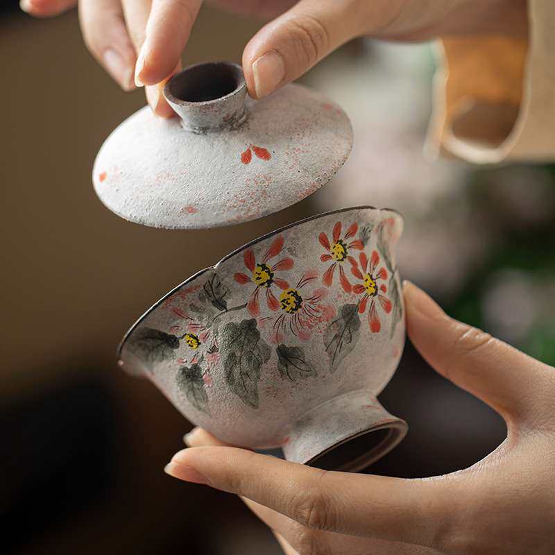 弥言日式诧寂风粉引粗陶手绘盖碗复古高足泡茶碗茶杯单个茶艺茶碗