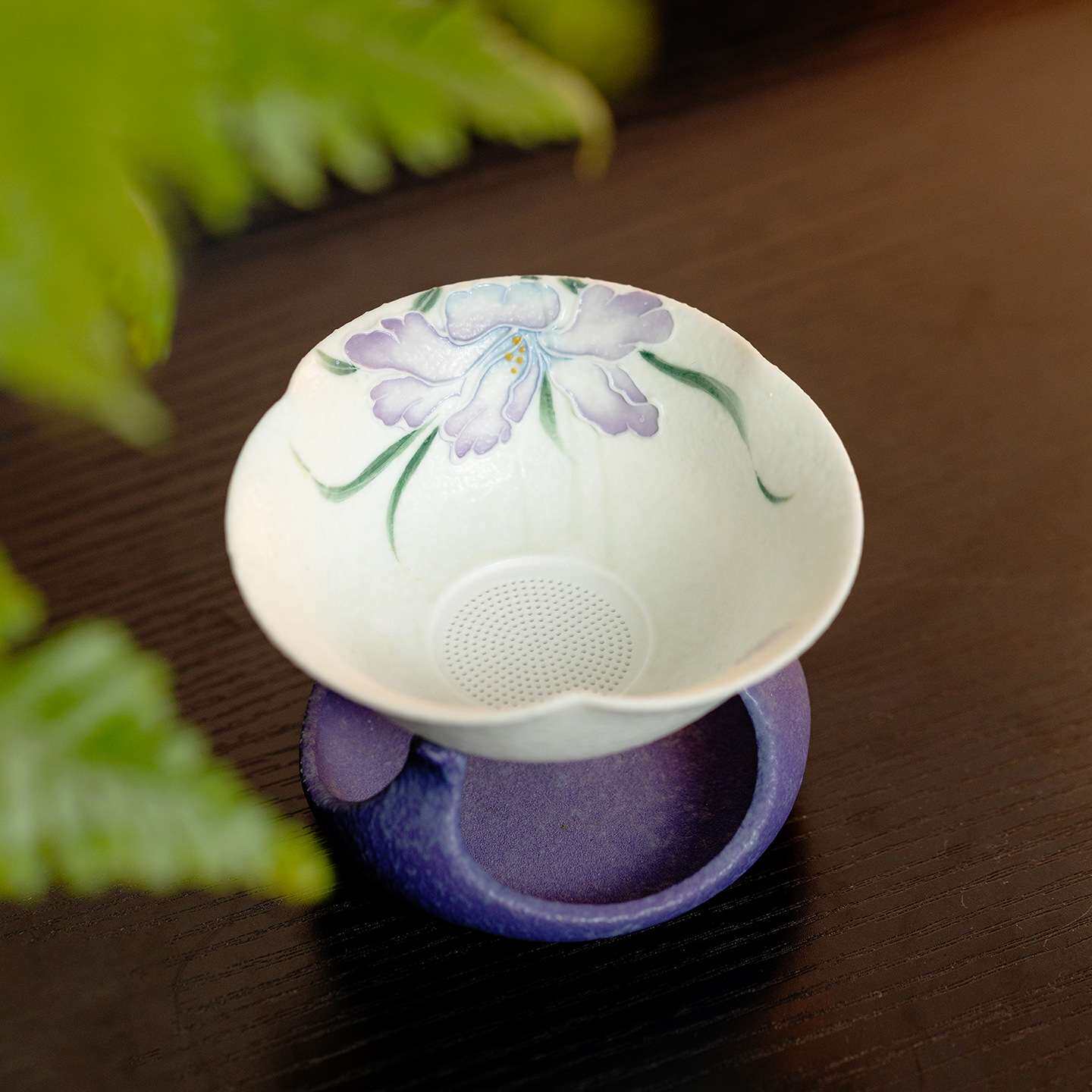 墨己火石红暮云紫手绘鸢尾花仿古陶瓷家用茶漏组茶道配件茶渣过滤