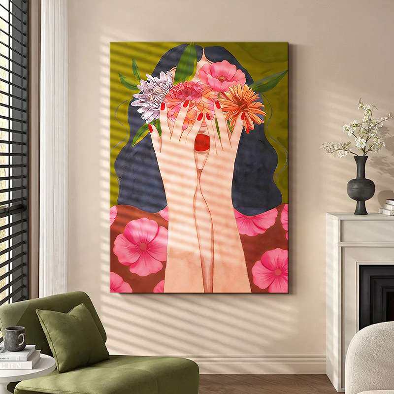 花季少女客厅装饰画玄关抽象人物手绘油画女孩房间卧室中古风挂画