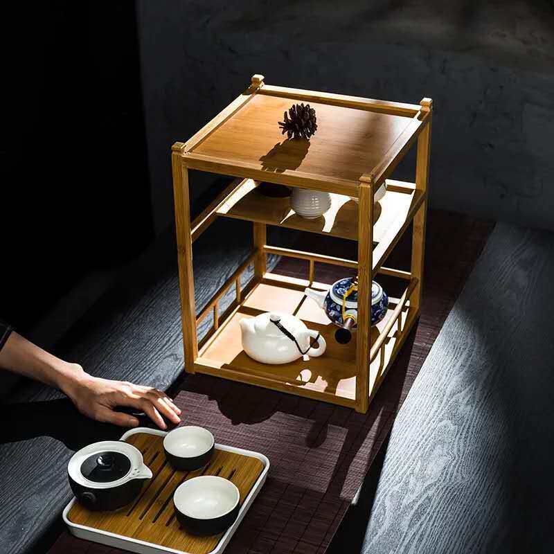 茶桌客厅摆件架子竹制置物架书房茶道收纳架家居装饰柜茶棚展示架
