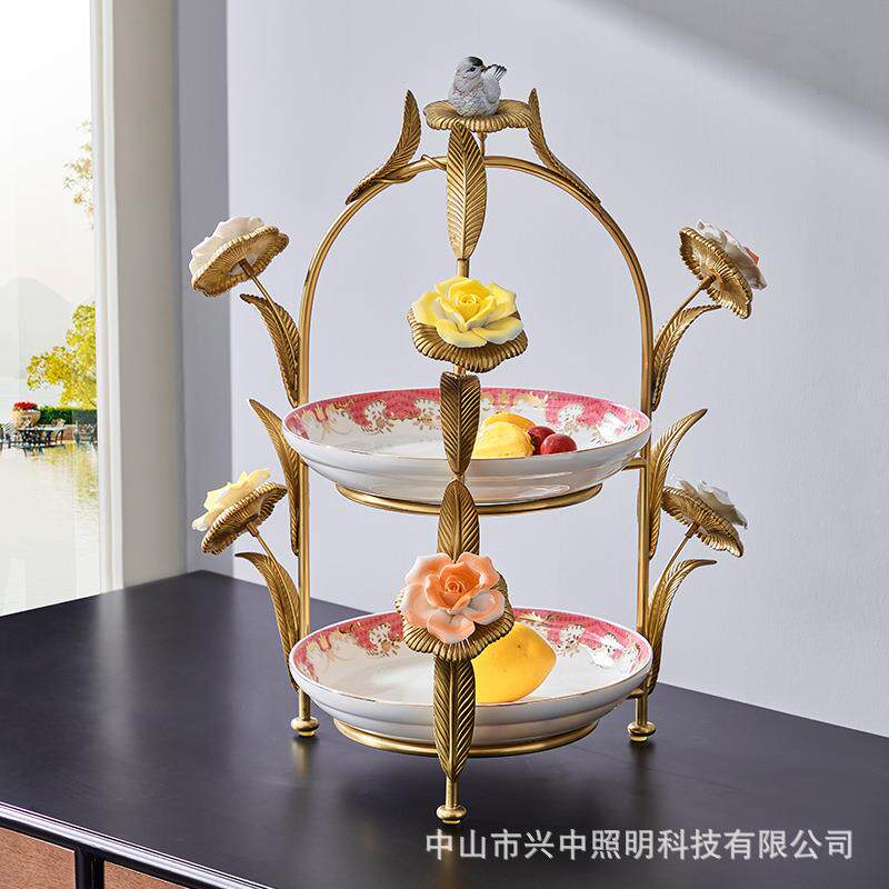 欧式陶瓷镶铜手工艺饰品果盘摆件法式客厅茶几餐厅创意工艺品摆件
