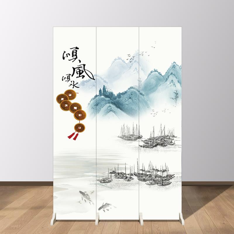 中式山水屏风隔断客厅带轮子玄关卧室折叠移动入户门遮挡家用假墙图片