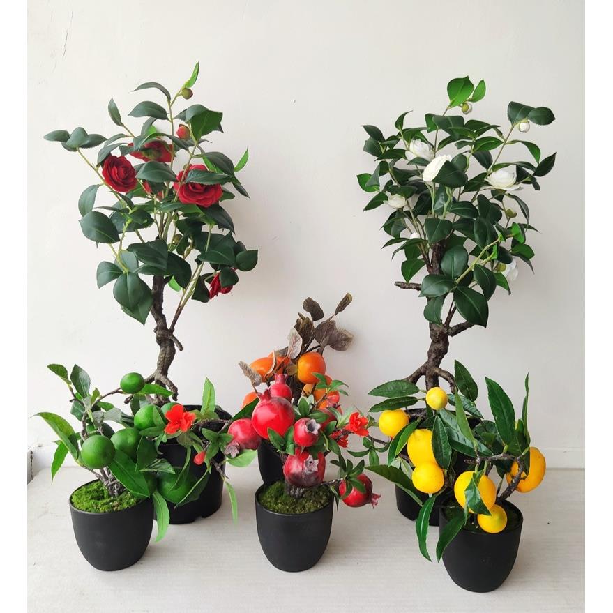 中式仿真山茶花柠檬树石榴果盆栽植物盆栽家居绢花摆放花卉民宿茶