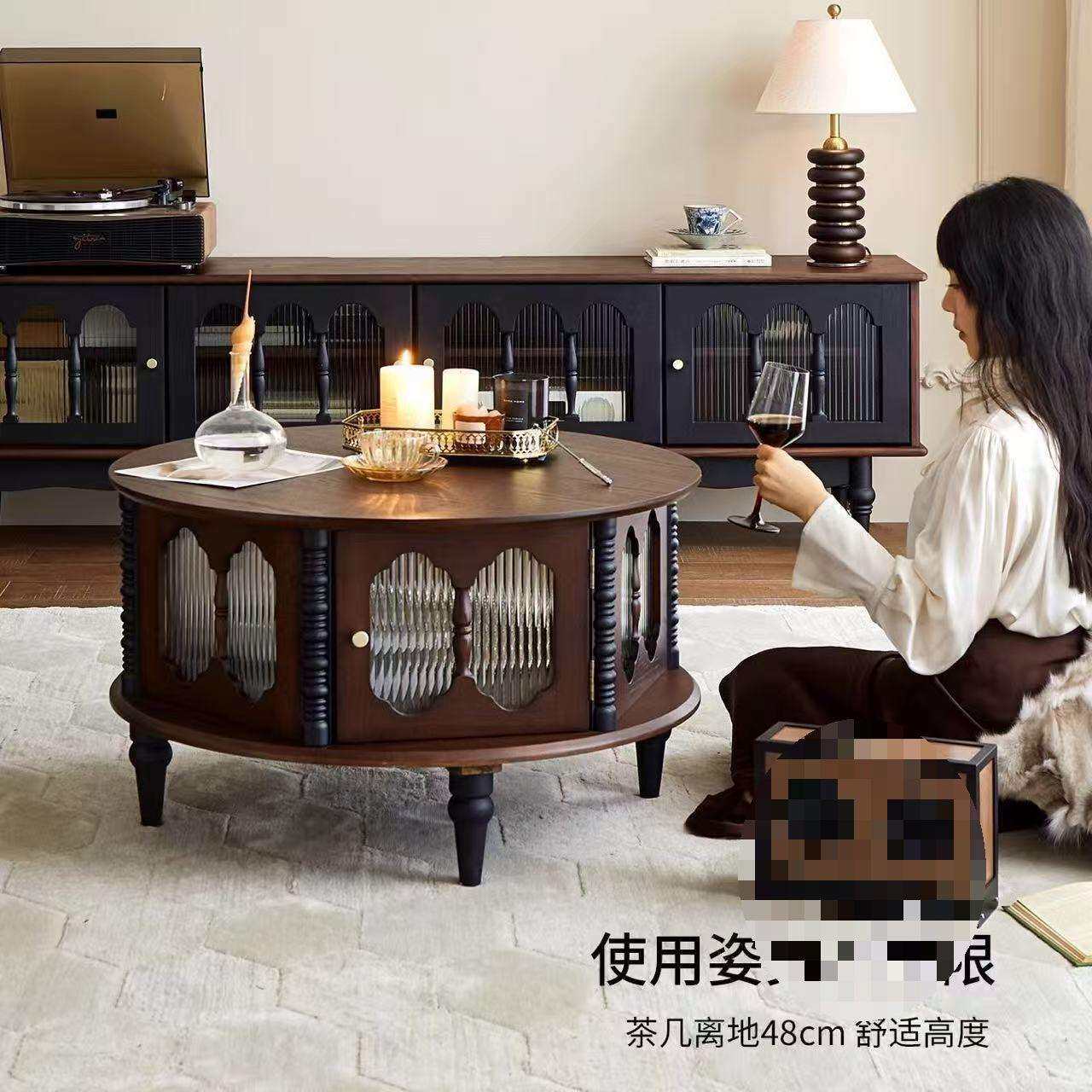 法式复古实木茶几小户型中古风客厅家用组合收纳储物茶几圆形茶桌
