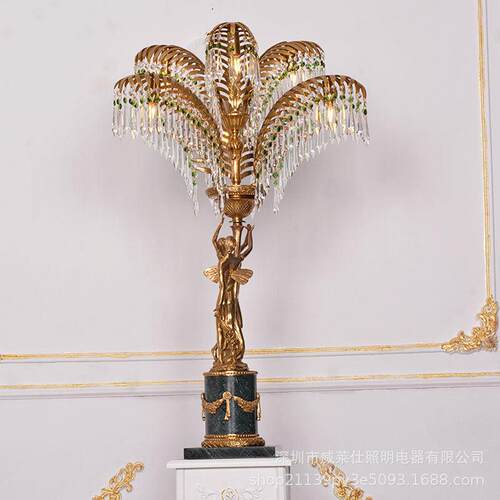 欧式全铜水晶台灯法式脱蜡复古天使雕像艺术巴洛克印绿大理石底座