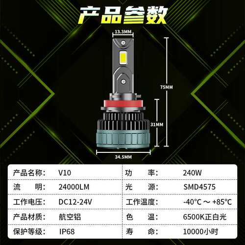 V10双铜管240W超亮led车灯超大功率 h7汽车前照灯灯泡h1远近一体