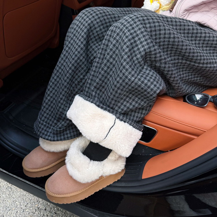 加厚兔毛小格子毛呢裤子