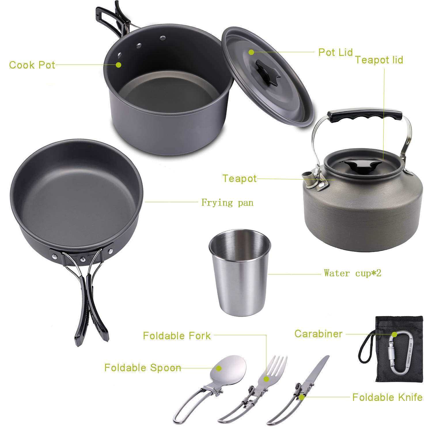 户外用品 亚马逊热卖2-3人便携野营茶壶套锅折叠锅具炊具组合套装