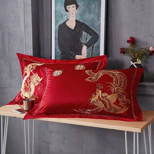 重工刺绣龙凤鸳鸯枕套贡缎婚庆
