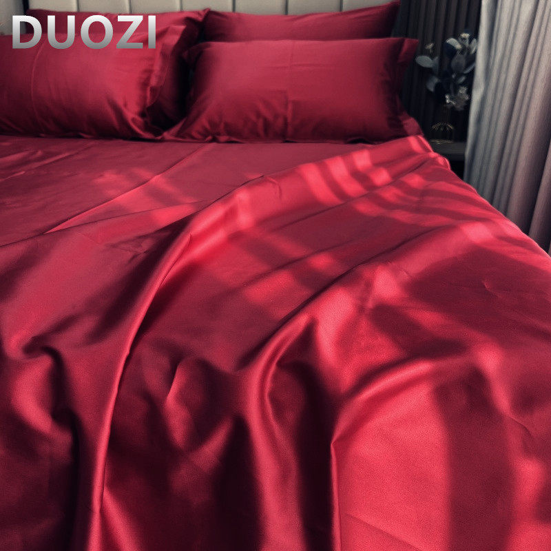 100支长绒棉酒红床单三件套纯棉婚庆红色结婚床单枕套婚房铺床