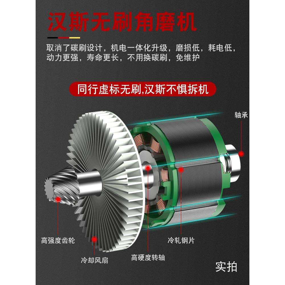 汉斯无刷充电式角磨机锂电抛光机切割打磨机大功率电动手持砂轮机
