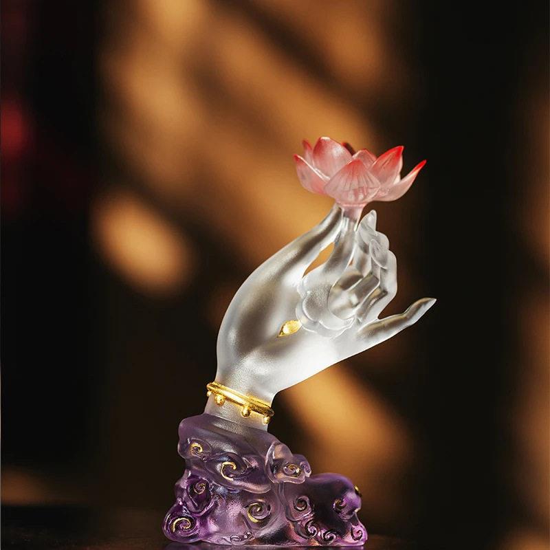 东魅红莲花手古法琉璃渐变红莲紫色云纹底座桌面摆件茶道摆件饰品