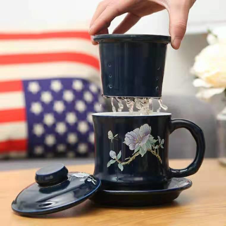 陶客轩蝶恋花霁蓝色马克杯陶瓷带过滤茶杯大容量办公泡茶杯可logo