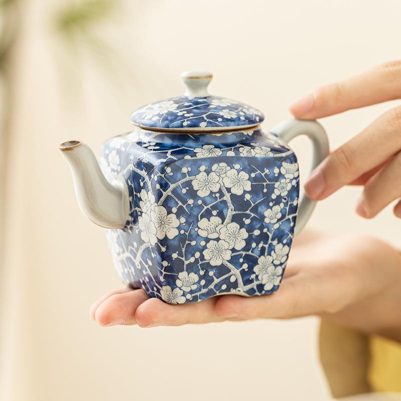 汝窑冰梅青花四方壶茶壶泡茶家用高档茶具中式功夫迷你小壶可开片