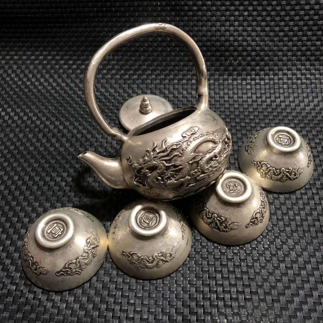 古玩杂件怀旧古玩老白铜镀银造茶杯茶壶一套