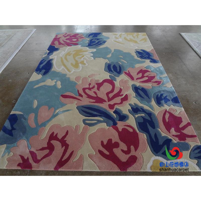 现代简约抽象紫色水墨画花朵田园手工羊毛客厅茶几地毯卧室床前毯