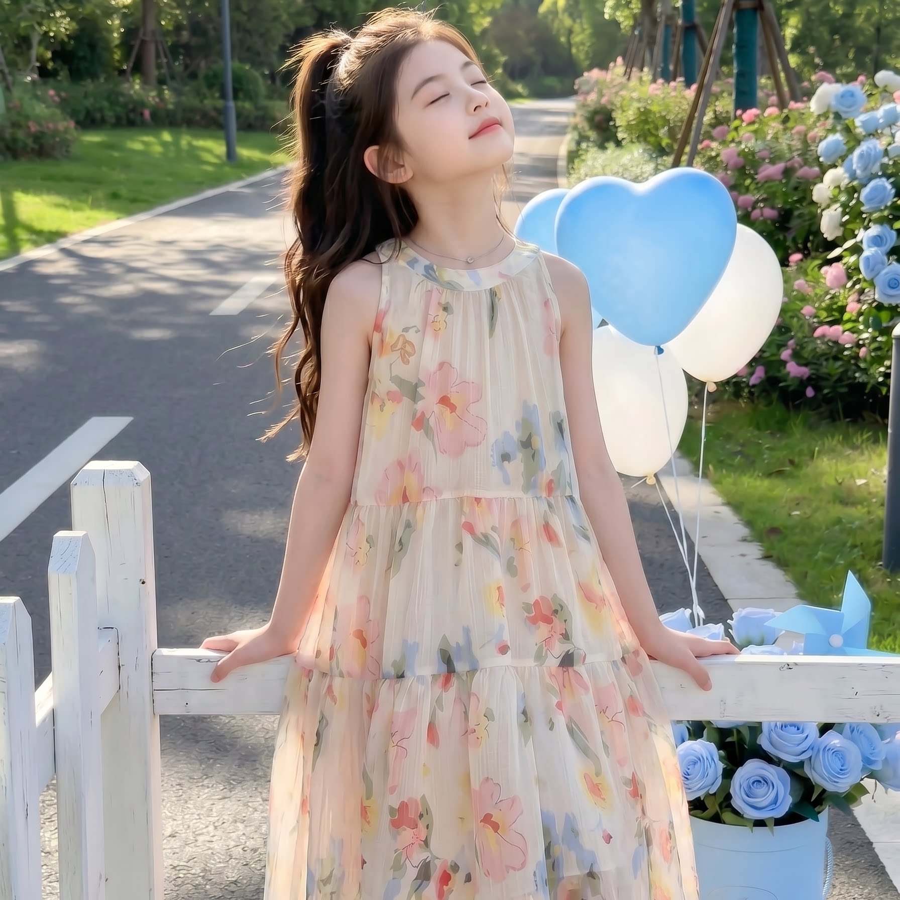 女童裙子夏薄款女孩雪纺碎花连衣裙2026新款大童蝴蝶结吊带公主裙