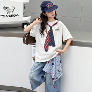 女童夏季套装短袖牛仔七分裤两件套2026新款女孩大童春装领带印花