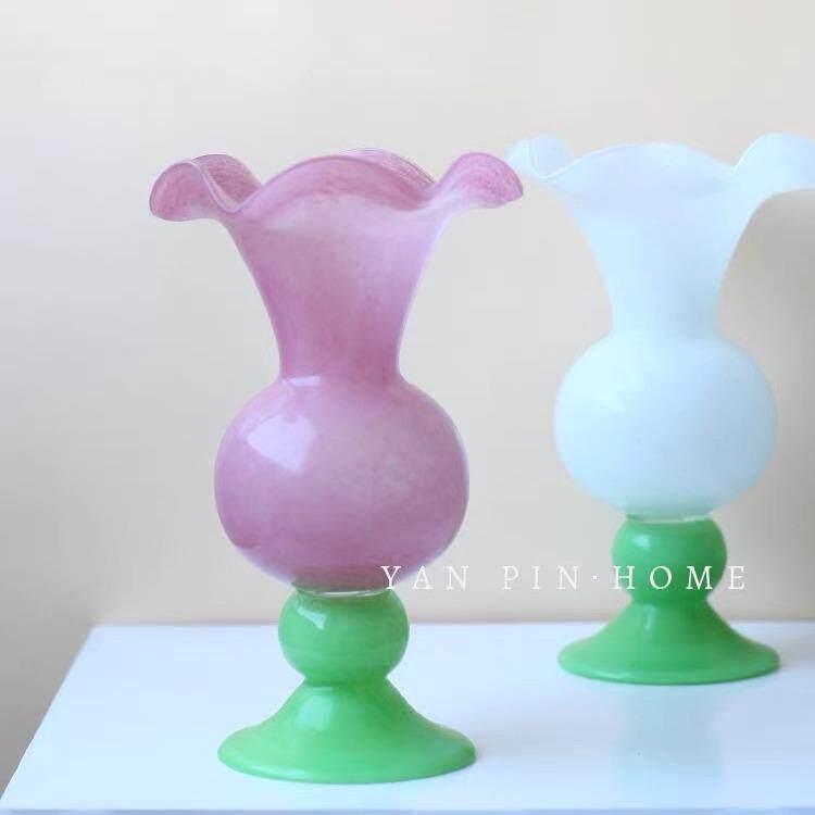 中古琉璃花瓶高脚圆肚长颈喇叭口花器法式复古轻奢玻璃瓶
