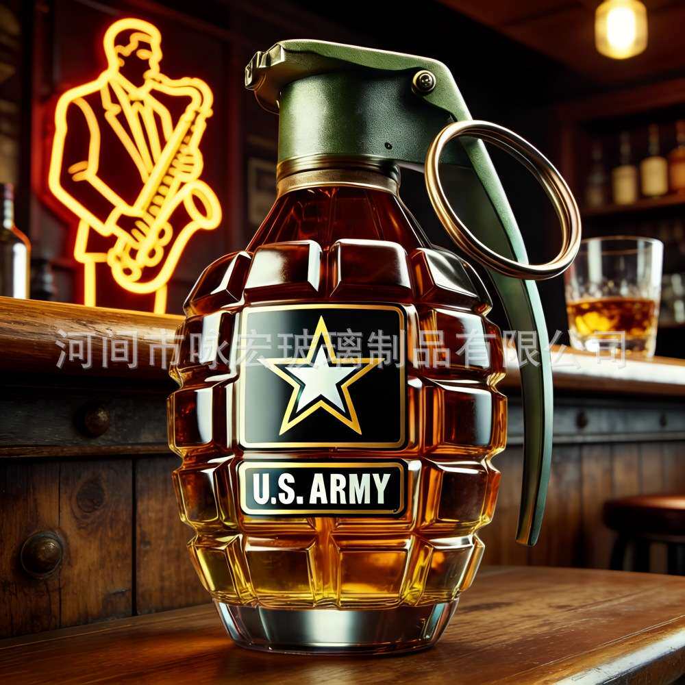 跨境新品高硼硅透明手榴弹造型泡酒瓶有趣威士忌玻璃瓶工艺酒瓶