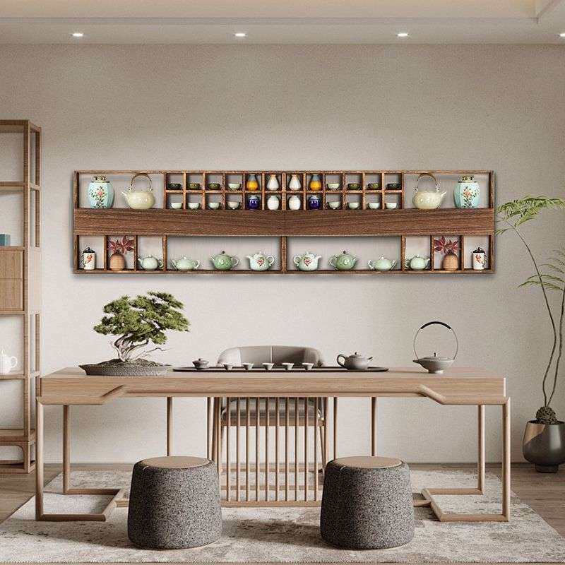 新中式实木壁挂博古架多格分区设计加壁挂式免打孔中式茶具展示架
