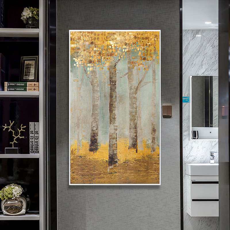 现代纯手绘油画金钱树招财抽象装饰画酒店玄关金色轻奢挂画