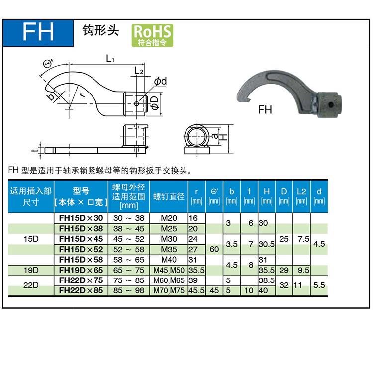 TOHNICHI东日扭力扳手钩形头FH19DX65 FH22DX75 FH22DX85