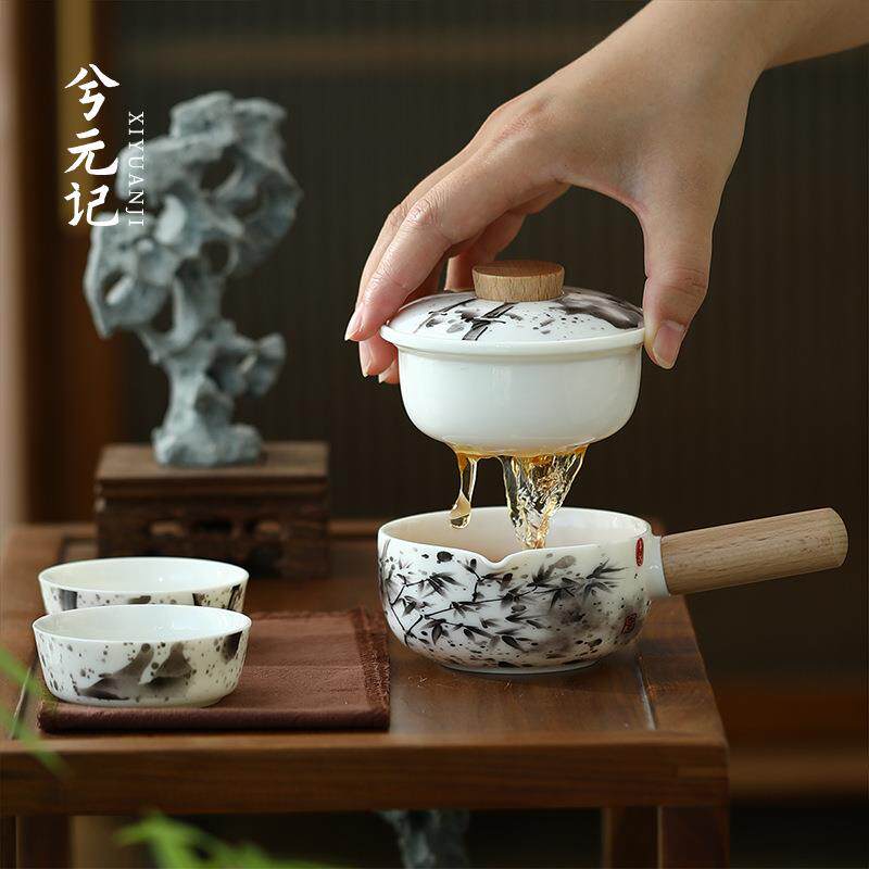 羊脂玉瓷墨竹侧把快客杯便携式户外车载旅行茶具套装一壶二杯