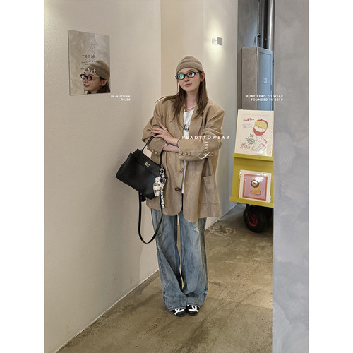 Rubyoffice重工亚麻休闲西装女高级感小众复古廓形外套设计感上衣