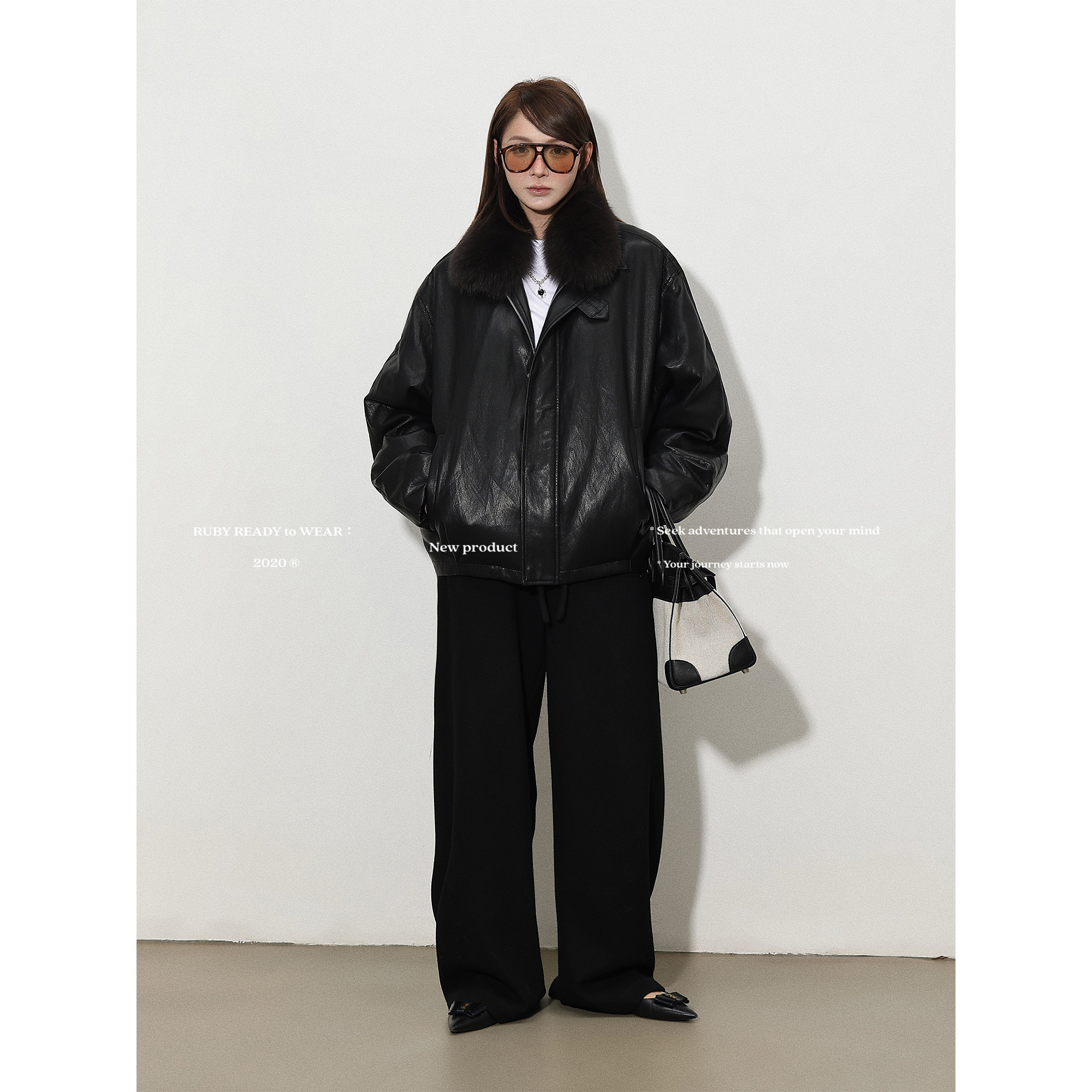 Rubyoffice可拆卸狐狸毛毛领皮衣羽绒服小众百搭宽松蛋白皮外套女