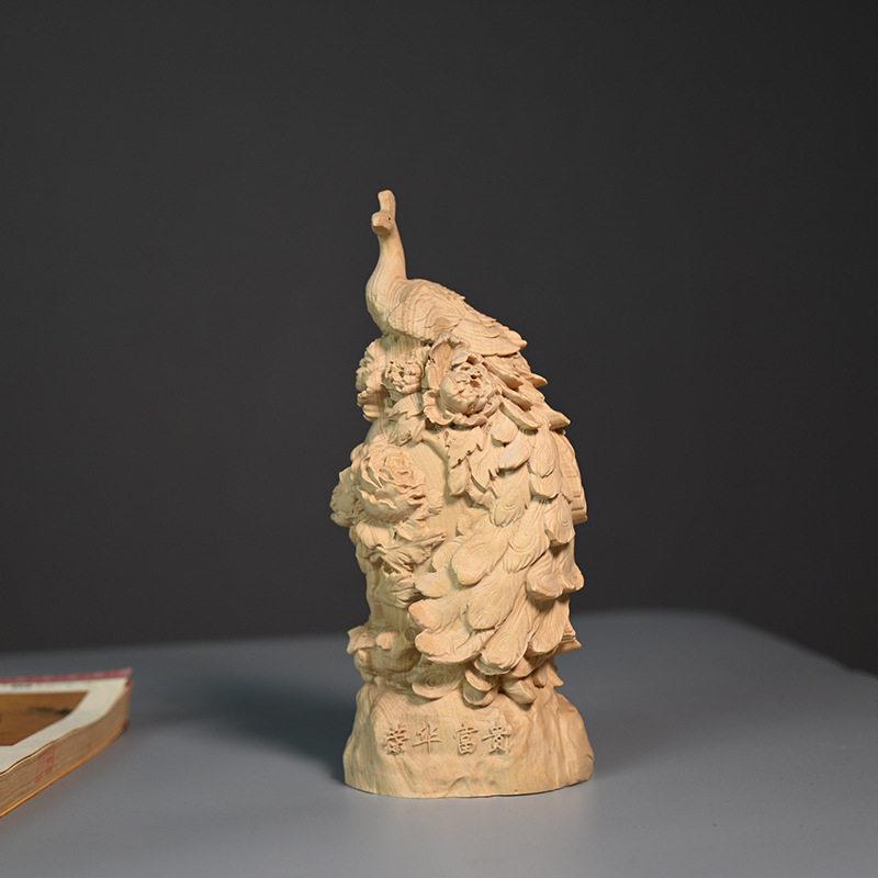 小叶黄杨木雕刻孔雀桌面摆件客厅装饰品摆饰实木雕刻木质工艺品