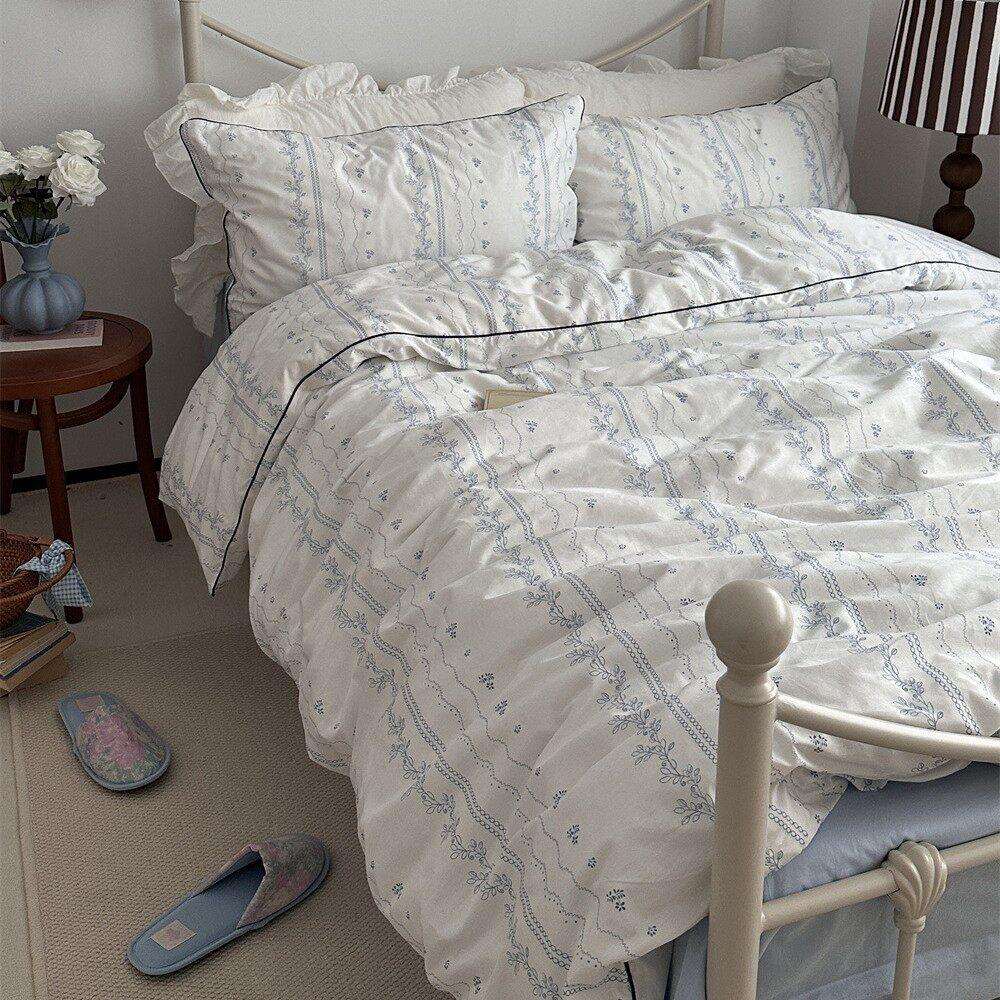 小清新复古纯棉蓝茉莉四件套花卉印花少女心被套床四季床品