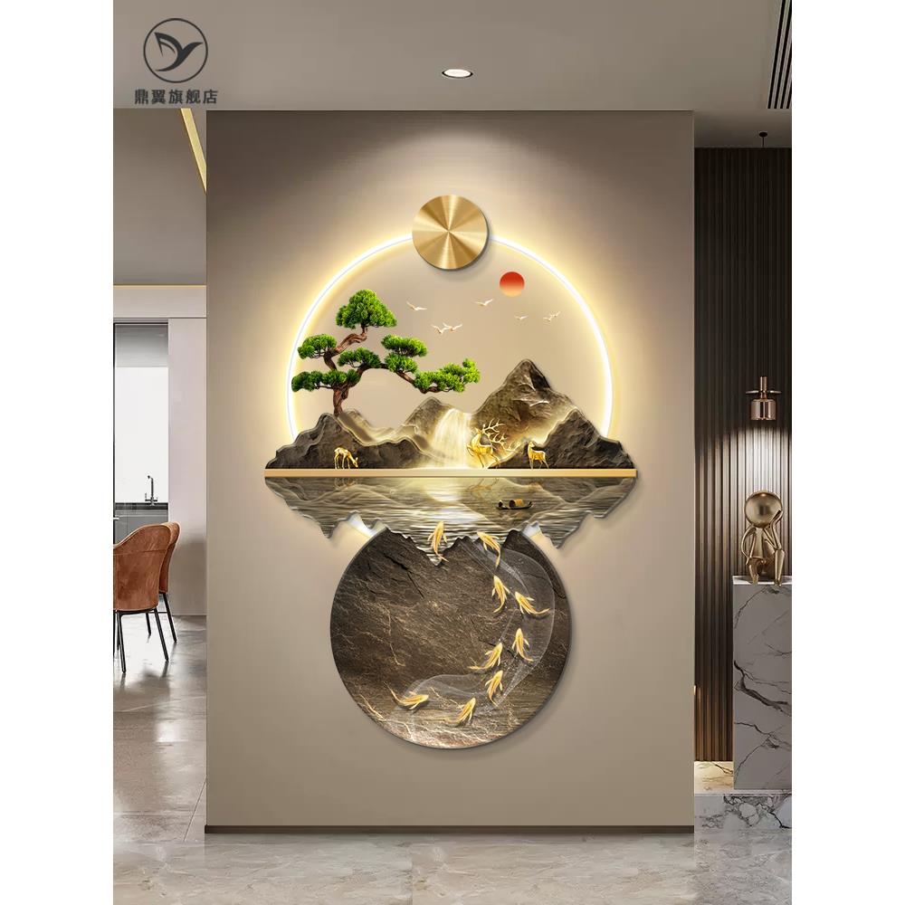九鱼图玄关装饰画入户正对门高端走廊尽头挂画高级带灯聚财风水画