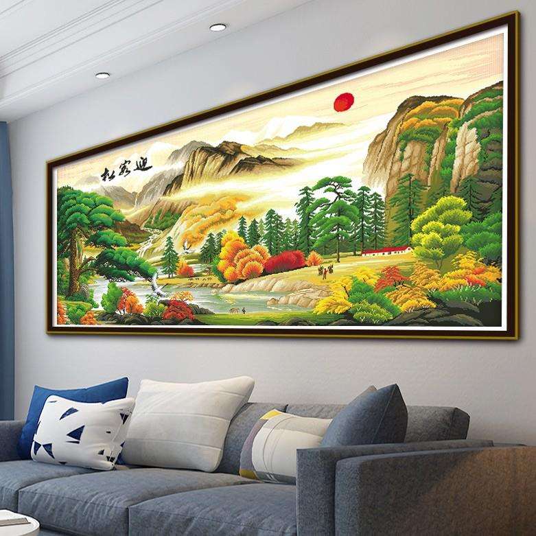 新款迎客松金运版十字绣金色美丽景色风景画客厅装饰手工刺绣2025