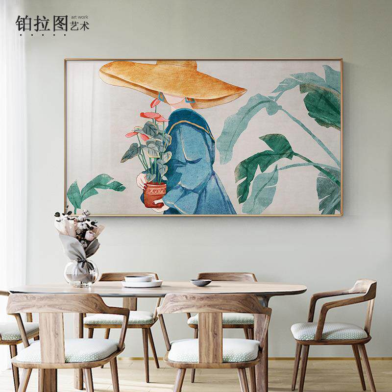 现代北欧客厅装饰画文艺小清新手绘美女插画卧室床头挂画油画墙画