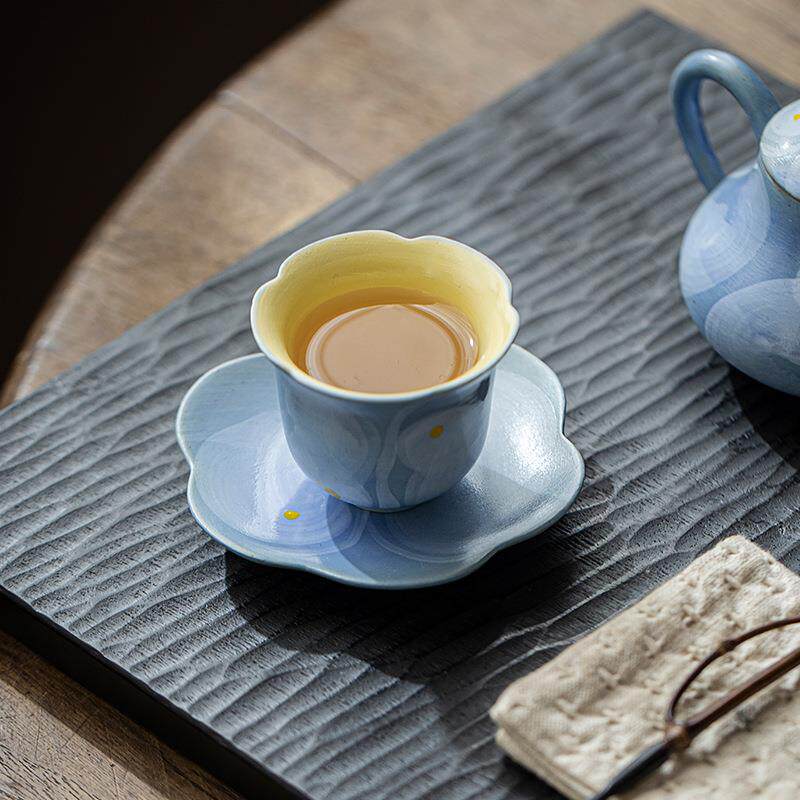 弥言诧寂风粉引手绘茶杯纯手工粗陶花口品茗杯日式聚香闻香主人杯