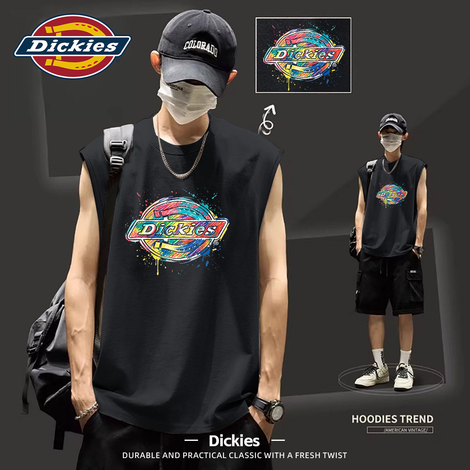 Dickies黑色纯棉无袖背心男款