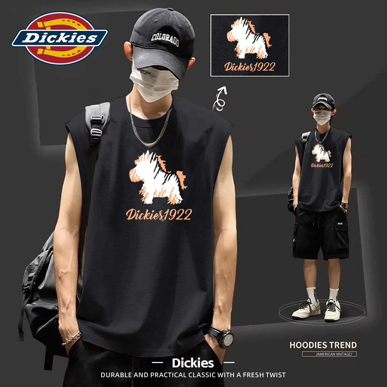 Dickies黑色纯棉无袖背心男款