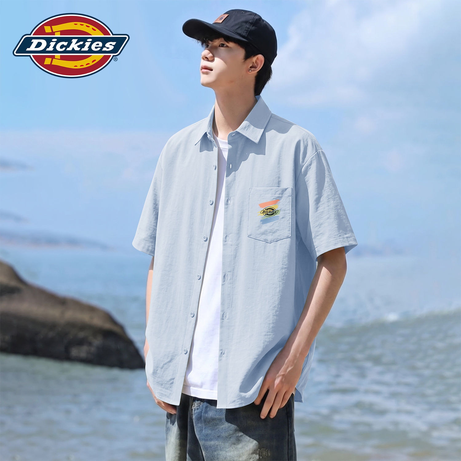 Dickies冰川蓝青少年短袖衬衫2026夏季新款男生休闲宽松上衣外套