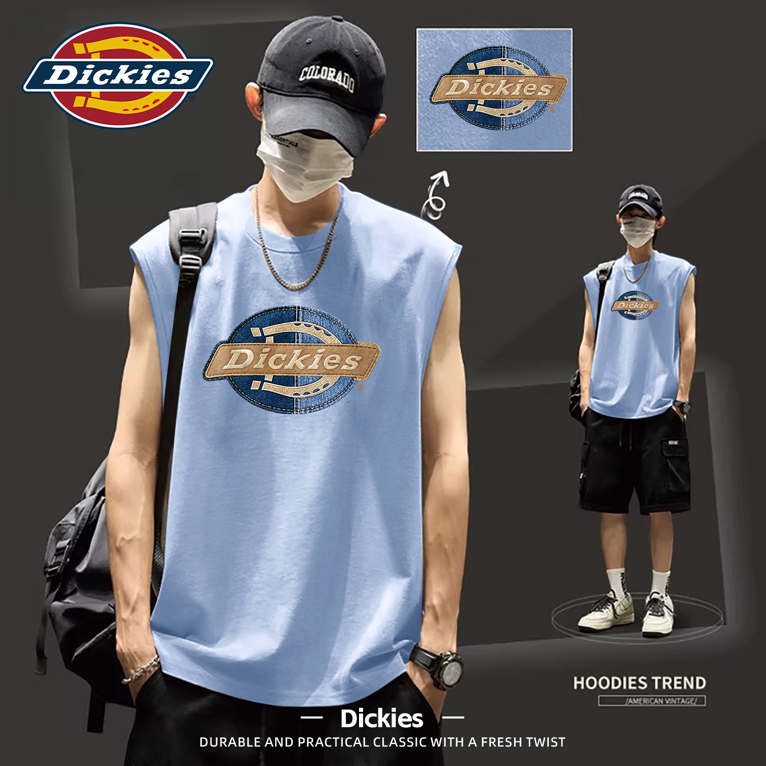 Dickies蓝色纯棉吸汗无袖背心男