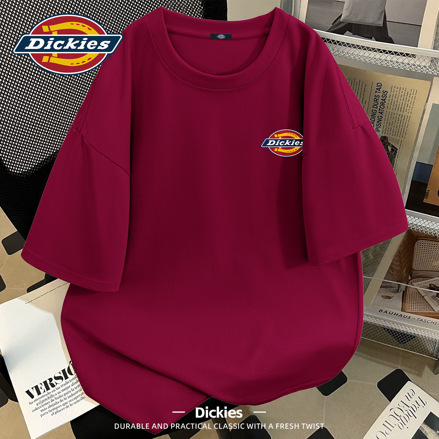 Dickies酒红色短袖t恤男女同款