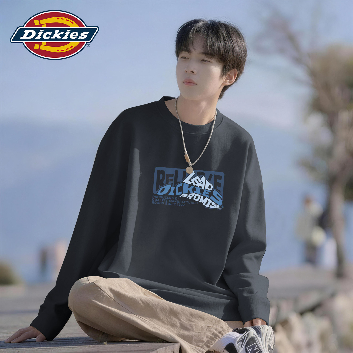 Dickies深灰色宽松纯棉长袖T恤男