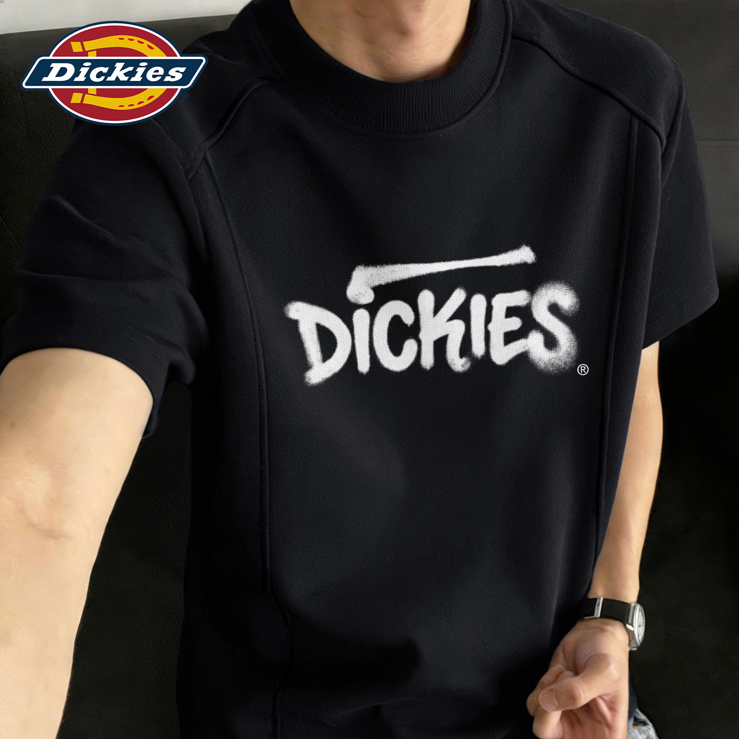 Dickies黑色男生修身大码短袖T恤2026夏季新款拼接款五分半袖百搭