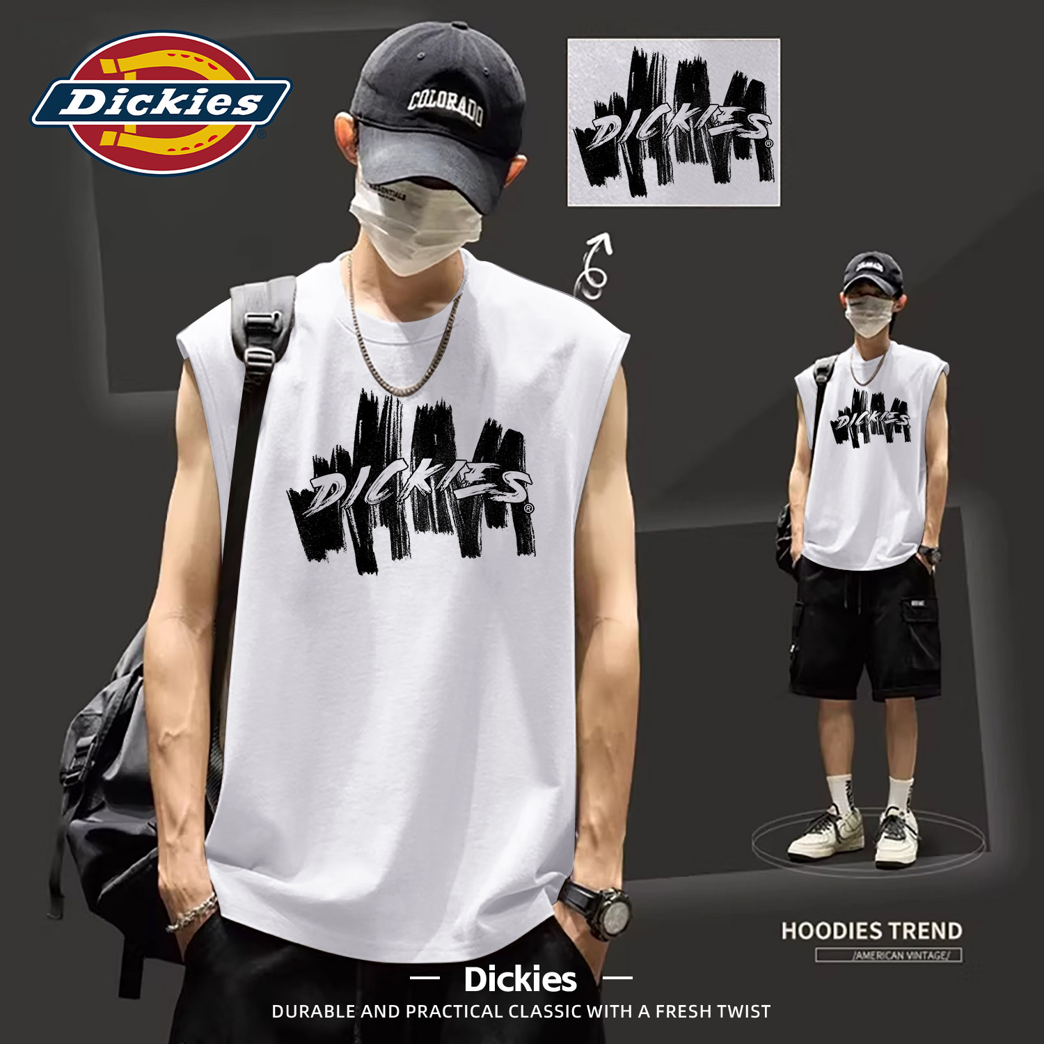 Dickies白色纯棉无袖背心男款2026新款夏季宽松百搭运动男生坎肩
