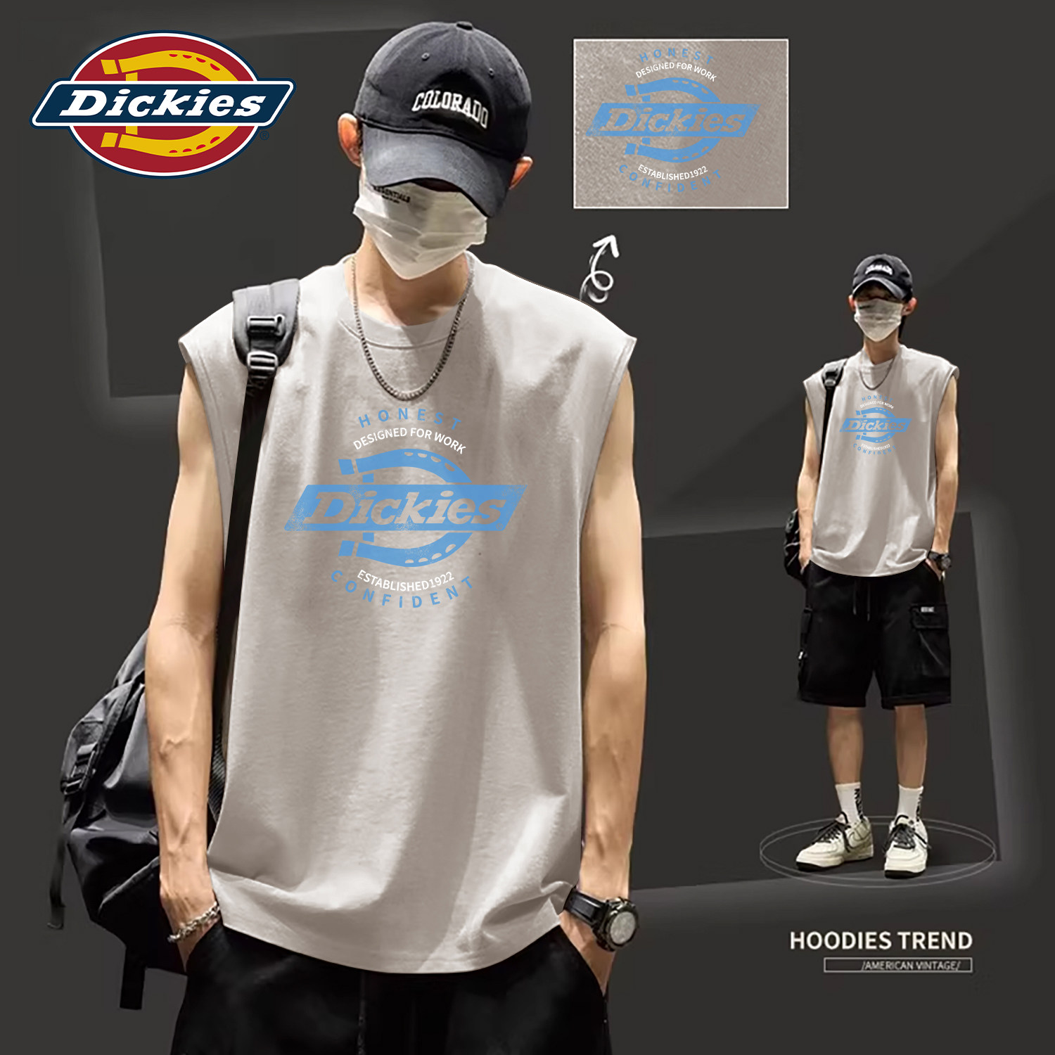Dickies海鸥灰男款大码运动背心2026夏季新款宽松纯棉无袖坎肩潮