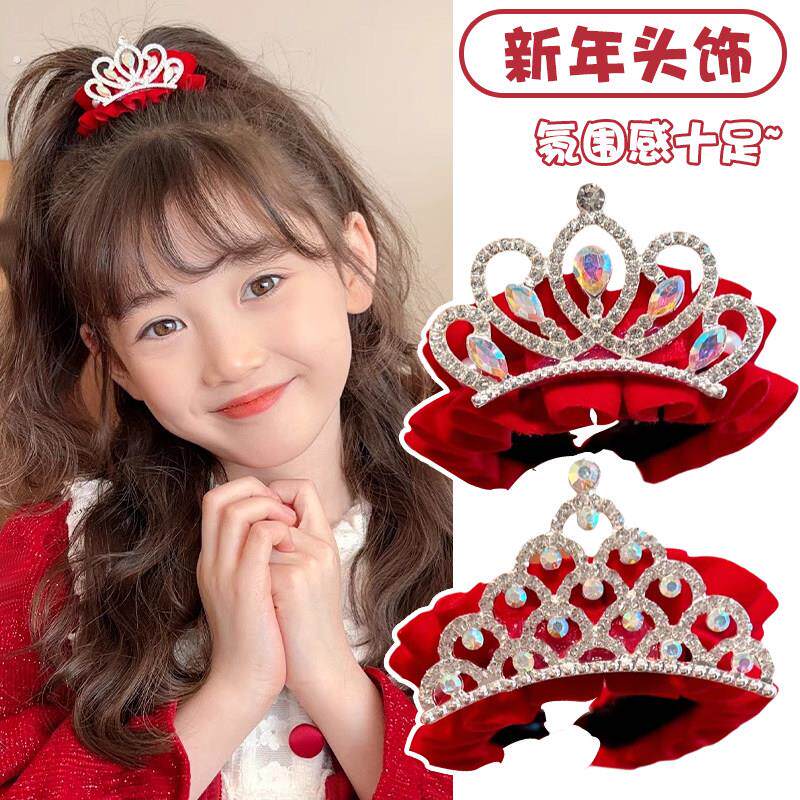 过年儿童丸子头发卡红色夹子宝宝新年皇冠头饰女童马尾扣发夹发饰