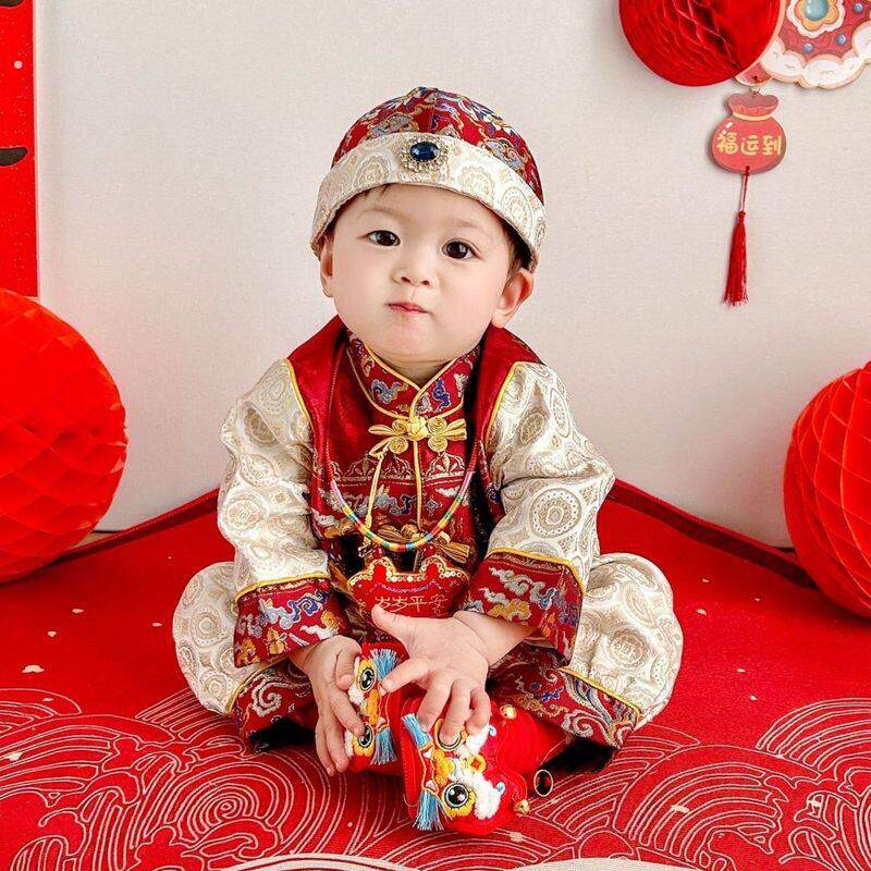 周岁宝宝新款春秋礼服中式喜庆生日百天男童抓周儿童唐装婴儿冠衣